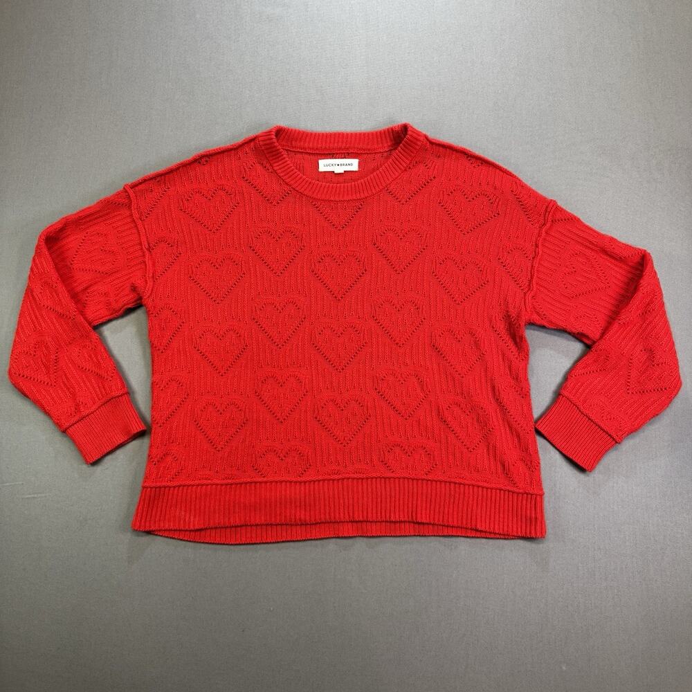 Lucky Brand Women’s Red Heart Knit Sweater Size Large Pullover Crewneck